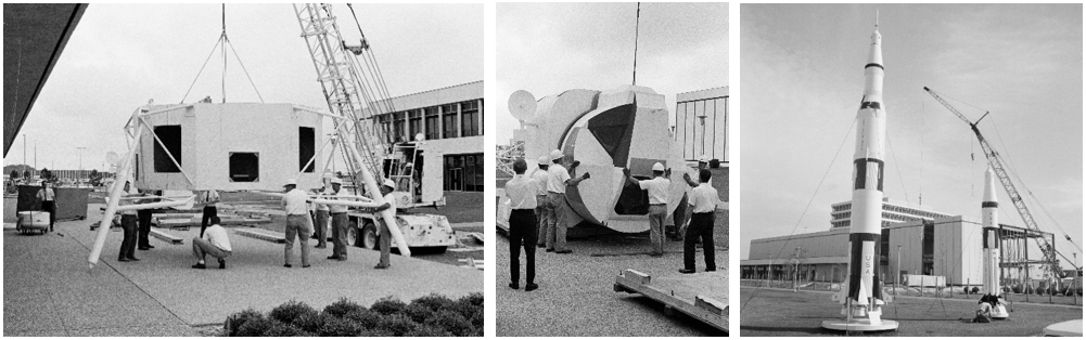 Left: Workers place the descent stage of a Lunar Module (LM) mock-up on the slab outside the auditorium in December 1967. Middle: Workers prepare to lift the LM mock-up’s ascent stage. Right: Construction of the addition to the south side of the auditorium building in December 1967. Credits: NASA