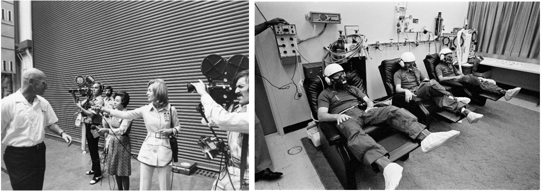 Left: Jessica B. Savitch, center, a reporter for Houston TV station KHOU, asks for a comment from astronaut Dr. William E. Thornton as he arrives to begin the Skylab Medical Experiments Altitude Test (SMEAT). Right: Astronauts Thornton, left, Karol J. “Bo” Bobko, and Robert L. Crippen breathe pure oxygen during the pretest denitrogenation. Credits: NASA