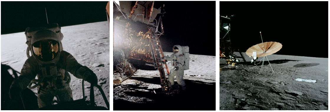 Left: Conrad on the LM’s ladder, about to descend to the surface, taken by Bean from inside Intrepid. Middle: Bean taking his first step on the Moon. Right: The S-band communications antenna.