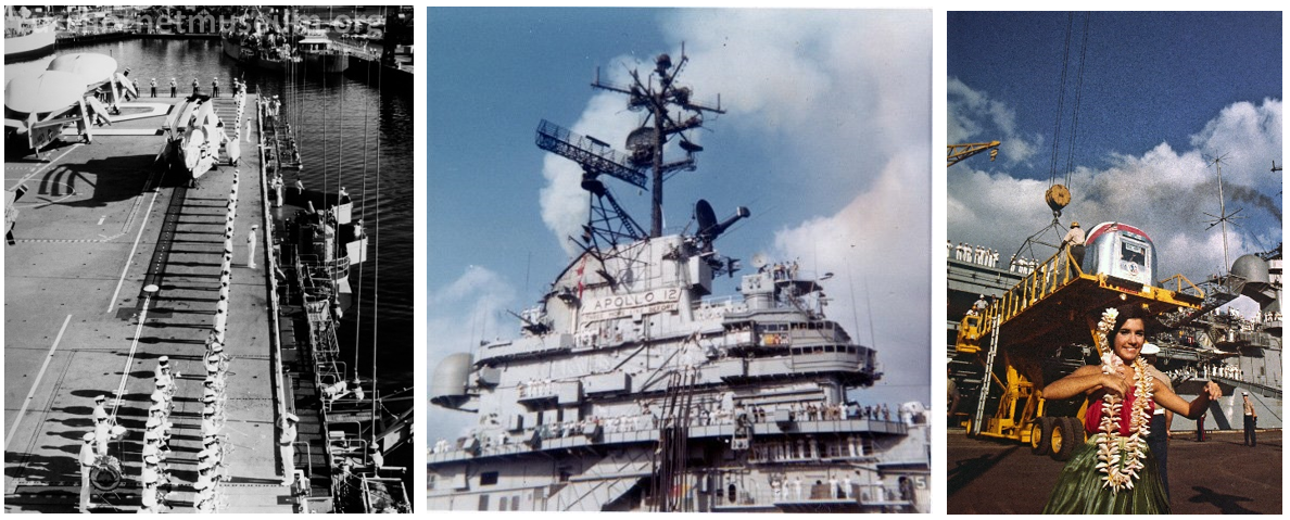 Left: Crewmen at the rails as Hornet sails into Pearl Harbor. Image credit: U.S. Navy. Middle: Hornet displaying the Three More Like Before banner on arrival in Pearl Harbor. Image credit: U.S. Navy. Right:  Workers at Pearl Harbor offload the MQF from Hornet with the Apollo 12 crew inside.
