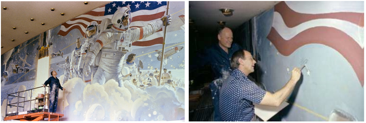 Left: McCall putting the finishing touches on his mural outside Johnson’s auditorium. Right: McCall gets help from astronaut and fellow space artist Alan Bean.