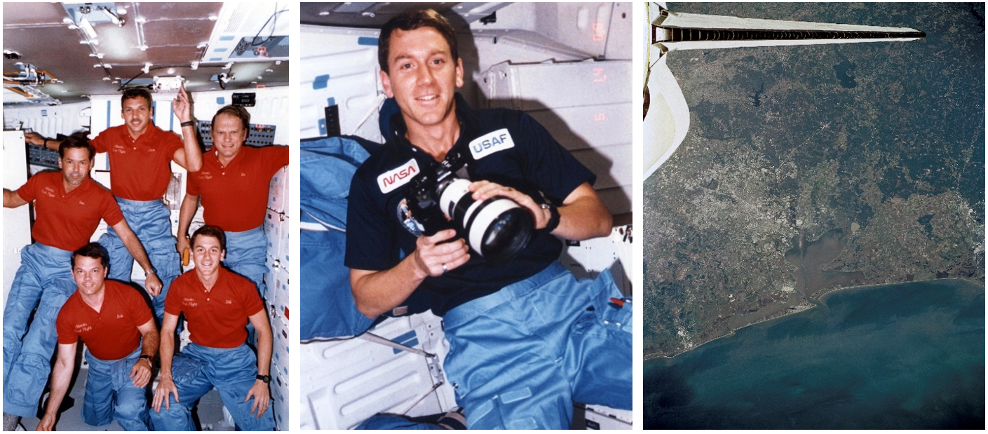  Left: In-flight photo of the STS-51J crew in the shuttle’s middeck. Clockwise from top: Hilmers, Bobko, Pailes, Stewart, and Grabe. Middle: Pailes with a camera for Earth observations. Right: View of Houston from STS-51J. Credits: NASA