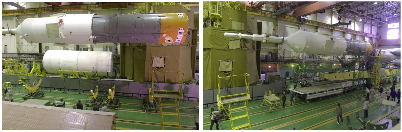 Left: Workers had attached the Soyuz TM31 spacecraft to its rocket’s third stage and prepare to attach it to the booster stage. Right: Workers align the Soyuz and its upper stage to mate them with the booster stage. Credits: NASA/Bill Ingalls