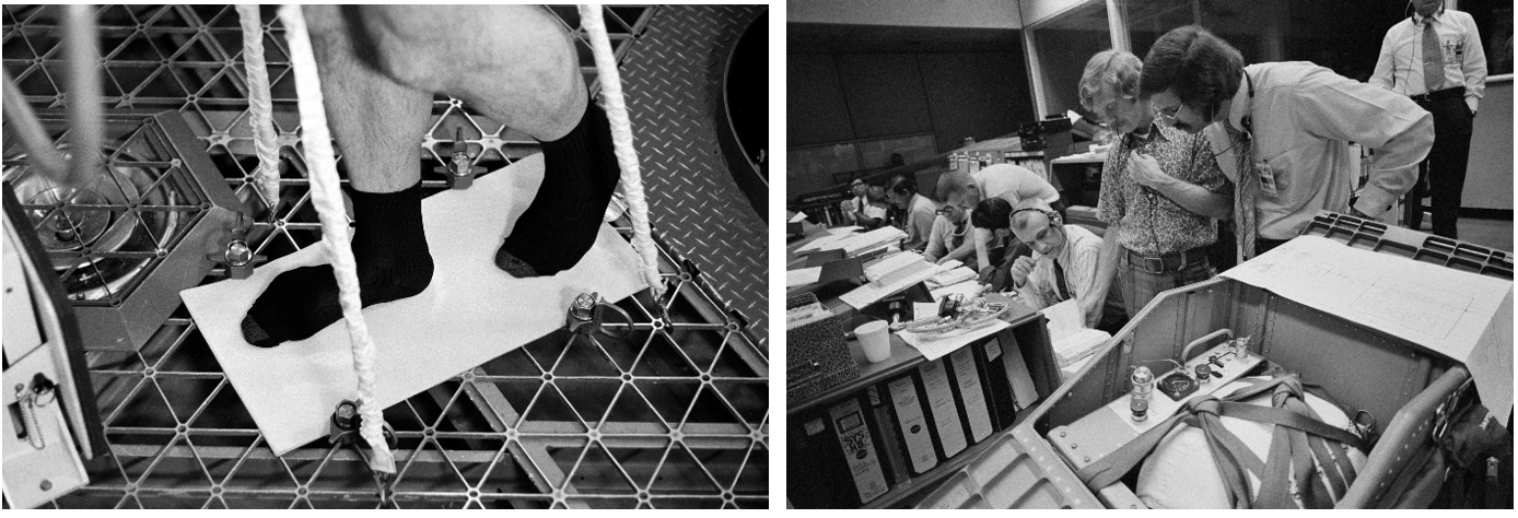 Left: Preflight view of the improvised treadmill added to the Skylab-4 mission. Right: Astronaut Russell L. Schweickart, standing left, confers with Skylab Flight Director Neil B. Hutchinson. Credits: NASA