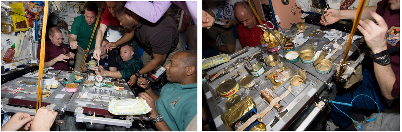 Thanksgiving 2009. Left: Crew members from Expedition 21 and STS-129 share an early Thanksgiving meal. Right: The Thanksgiving dinner for the Expedition 21 and STS-129 crews. Credits: NASA