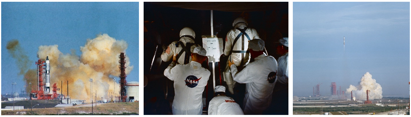 Left: The Dec. 12, 1965, Gemini VI launch abort. Middle: NASA astronauts Schirra, left, and Stafford climb aboard the Gemini VI spacecraft for their third launch attempt. Right: Gemini VI finally takes to the skies on Dec. 15, 1965. Credits: NASA