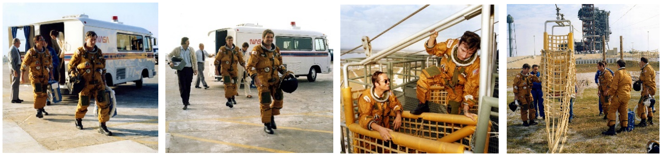 Left: STS-1 astronauts Crippen, left, and Young arrive at Launch Pad 39A for a demonstration of the crew emergency escape system. Middle left: STS-1 backup astronauts Engle, left, and Truly arrive at Launch Pad 39A for emergency egress training. Middle right: Crippen, left, and Young practice getting into the emergency slide baskets. Right: From left, Young, Crippen, Truly, and Engle inspect the slide-wire escape basket at the base of Launch Pad 39A. Credits: NASA