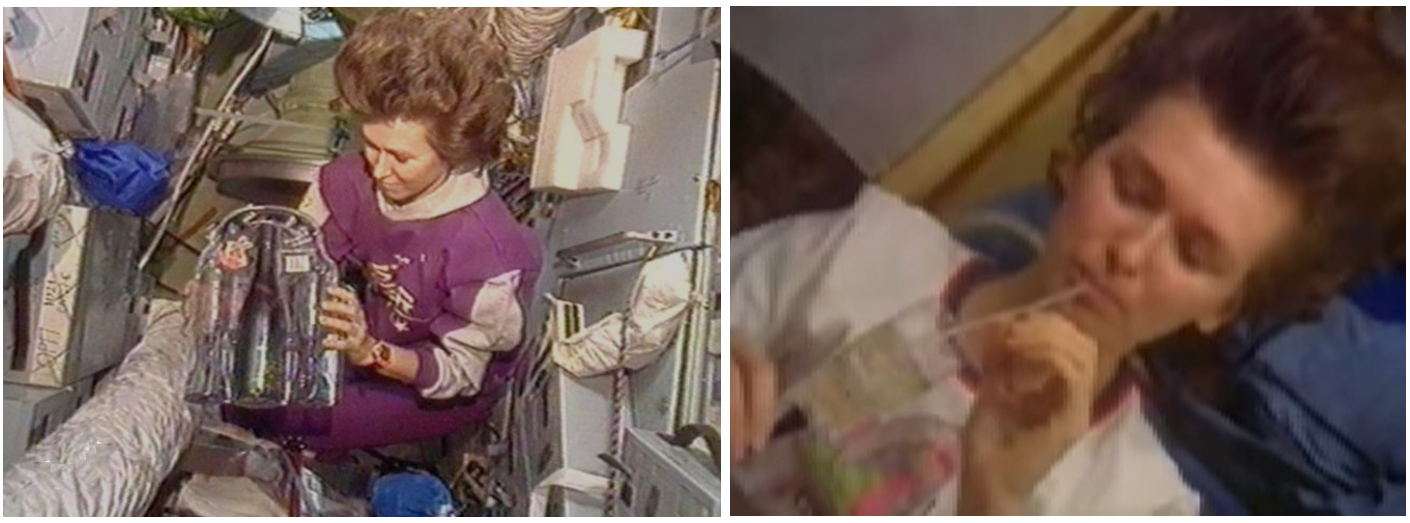 Left: Russian cosmonaut and Mir Expedition 17 Flight Engineer Elena V. Kondakova with a bottle of champagne to celebrate New Year’s Eve 1994. Right: Video of Kondakova demonstrating the behavior of champagne in weightlessness aboard Mir. Credits: NASA