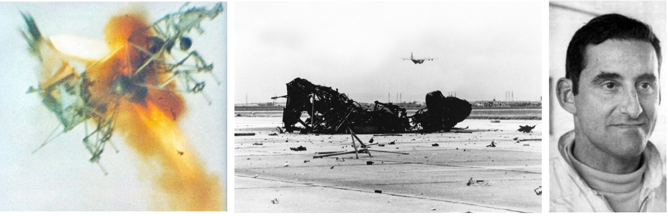 Left: NASA pilot Stuart M. “Stu” Present ejects from the LLTV moments before it crashes at Ellington Air Force Base in Houston. Middle: Wreckage of the LLTV after the Jan. 29, 1971 crash at Ellington. Right: Portrait of NASA pilot Present. Credits: J.L. Pickering