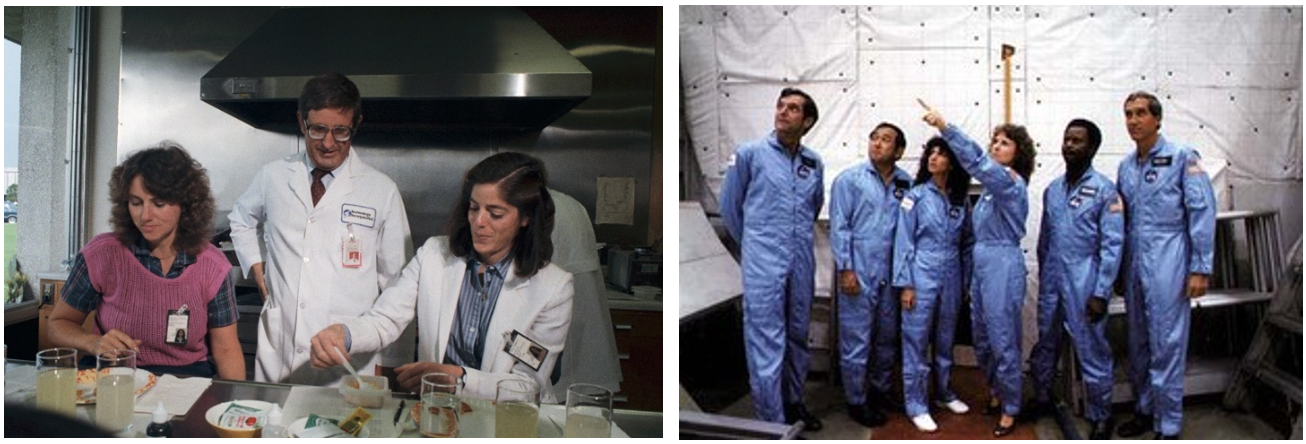 Left: McAuliffe, left, and Morgan, right, get their first taste of space food with Charles T. Bourland, head of the food lab at Johnson. Right: Scobee, Onizuka, Resnik, McAuliffe, McNair, and Smith in the payload bay of the full fuselage space shuttle trainer at Johnson. Credits: NASA