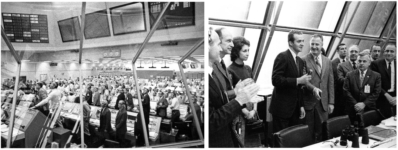Left: After the Saturn V rocket cleared the tower, engineers in Firing Room 2 of the LCC at NASA’s Kennedy Space Center watch the liftoff of Apollo 14. Right: Prince Juan Carlos of Spain, center, holding a microphone, accompanied by Princess Sofía, left, and Vice President Spiro T. Agnew, congratulate the team in the LCC after the successful launch. Credits: NASA