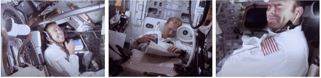 Left: Apollo 14 astronaut Alan B. Shepard enjoys a shave during the journey back to Earth. Middle: Stuart A. Roosa pores over a checklist. Right: Edgar D. Mitchell enjoys a moment of relaxation. Credits: NASA