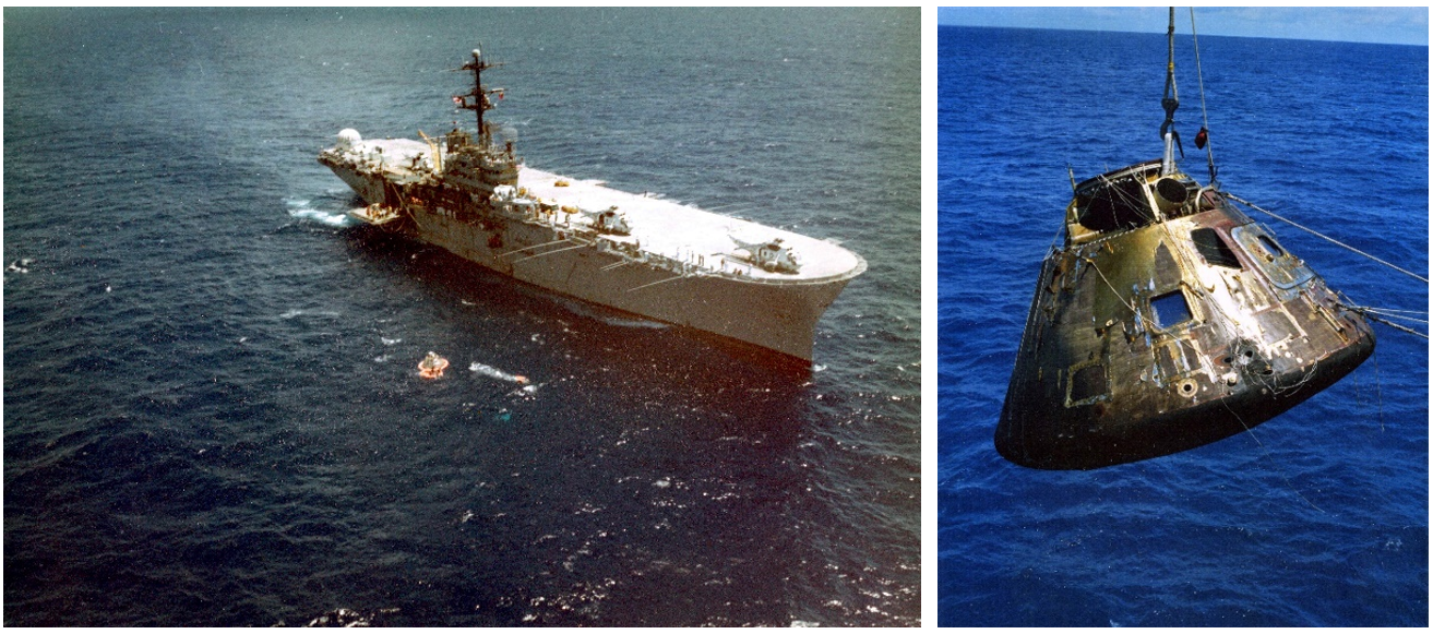 Left: The U.S.S. New Orleans as it’s about to retrieve the Apollo 14 CM Kitty Hawk. Right: Sailors lift Kitty Hawk out of the ocean to bring it aboard the New Orleans. Credits: NASA