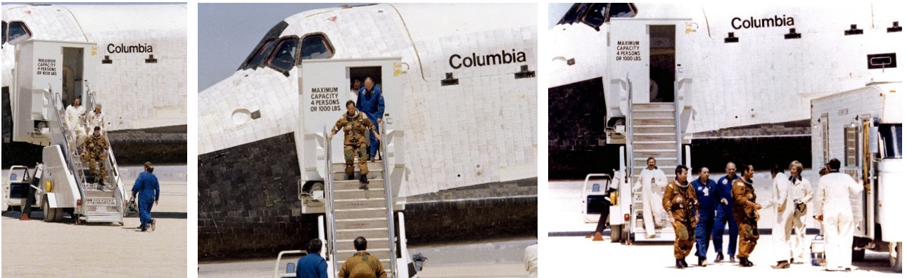 Left: An exuberant STS-1 Commander John W. Young bounds down the steps from Columbia to begin his inspection of the vehicle. Middle: STS-1 Pilot Robert L. Crippen descends the steps from Columbia to join Young on the runway. Right: Young, left, and Crippen greet ground personnel as they board the astronaut van. Credits: NASA