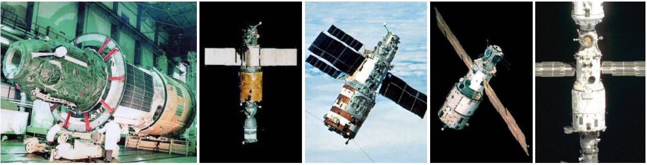 Salyut’s legacy is evident in subsequent space station elements, including Salyut 4 (1974-1975), left, Salyut 6 (1977-1982), Salyut 7 (1982-1991), the Mir Base Block module (1986-2001), and the Zvezda service module (launched in 2000 and still part of the International Space Station). Credits: Images courtesy of RKK Energia.