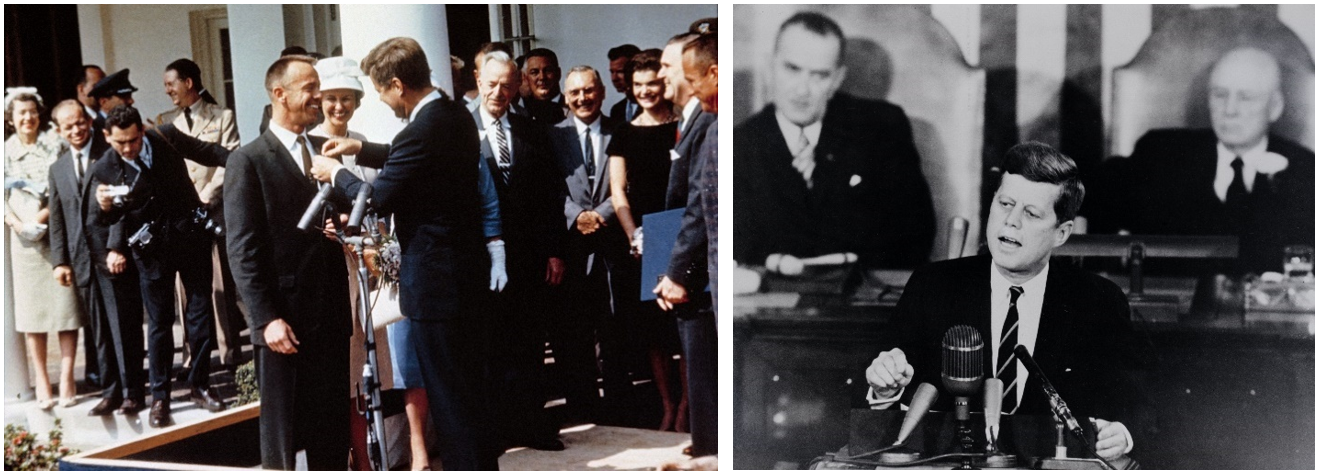 Left: President John F. Kennedy pins the TBS medal to congratulate Alan B. Shepard, the first American in space. Right: Kennedy addresses a joint session of Congress and commits the nation to landing a man on the Moon and returning him safely to the Earth before the end of the decade.