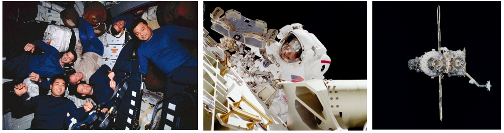 Left: NASA astronauts Leroy Chiao and his STS-92 crewmates in Discovery’s middeck. Middle: Chiao during STS-92’s first spacewalk. Right: The space station as it appeared with the addition of the Z1 truss and high-gain antenna. Credits: NASA