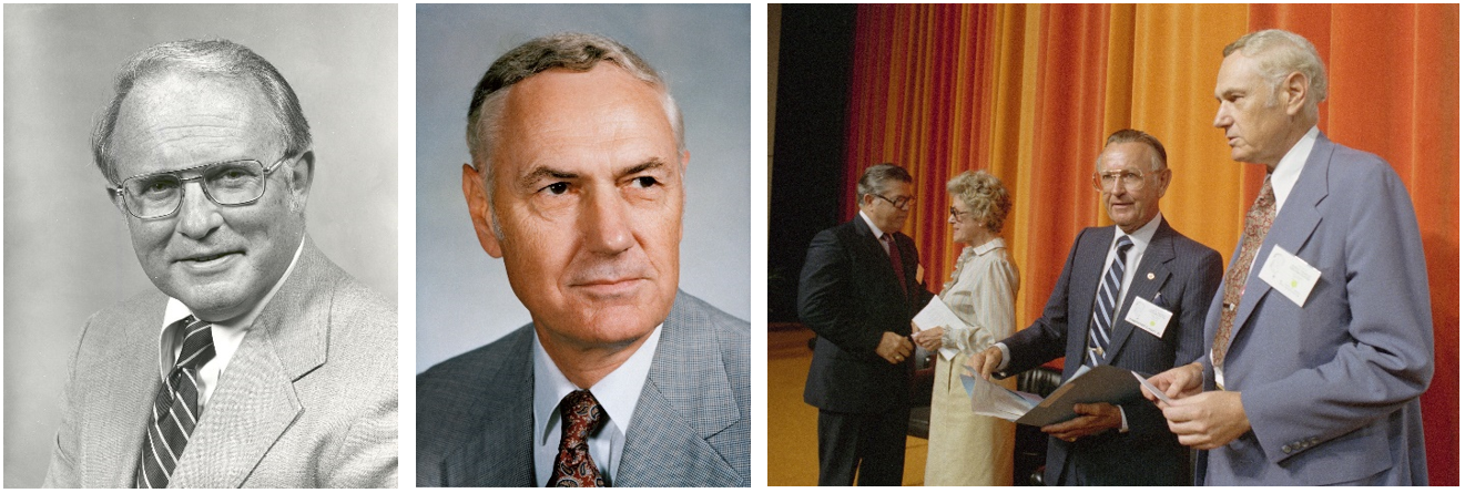 Left: Official NASA portrait of acting NASA Administrator Alan M. Lovelace. Middle: Official NASA portrait of Administrator James M. Beggs. Right: Beggs, right, at the dedication of the Olin E. Teague Auditorium at NASA’s Johnson Space Center, along with Teague’s widow, Freddie Dunman Teague, and Johnson Director Christopher C. Kraft. Credits: NASA