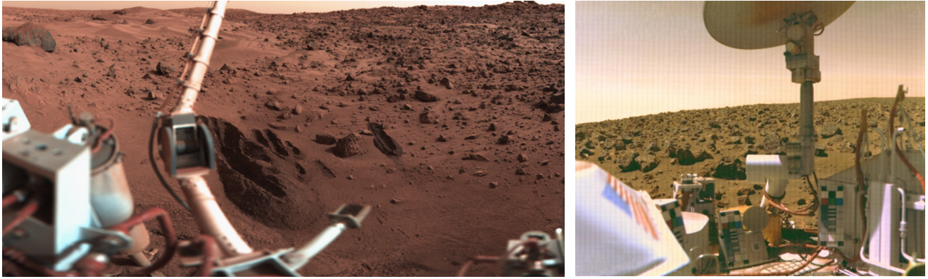 Left: View of trenches dug by the Viking lander’s robotic arm to collect soil samples. Right: Photograph of the Viking 2 landing site, including parts of the spacecraft. Credits: NASA