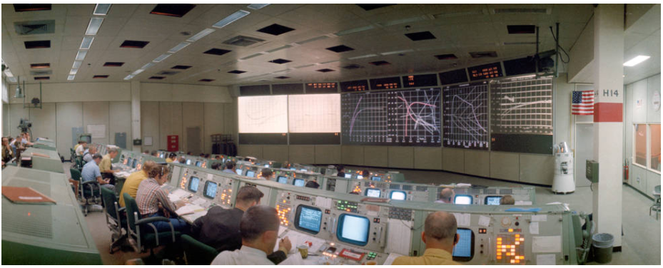The Mission Operations Control Room of the Mission Control Center at the Manned Spacecraft Center, now NASA’s Johnson Space Center in Houston, approximately 45 minutes after the Apollo 15 launch.