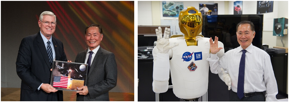 Left: In 2012, Director of NASA’s Johnson Space Center Michael L. Coats presents George Takei with a plaque. Right: Takei and Robonaut give the Vulcan greeting. Credits: NASA