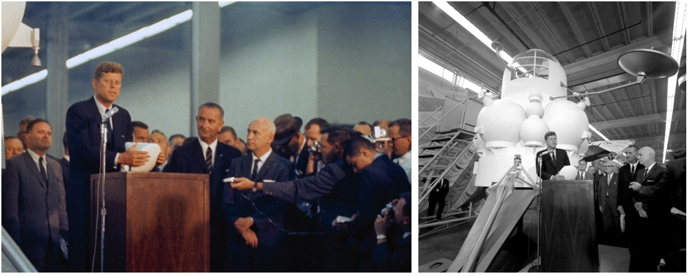 Two images of President John F. Kennedy during his visit to the Manned Spacecraft Center’s Rich Building on Sept. 12, 1962, the same day he spoke to a crowd of 40,000 people at Rice Stadium, where he uttered the famous quote, “We choose to go to the Moon, and do the other things, not because they are easy … but because they are hard.”