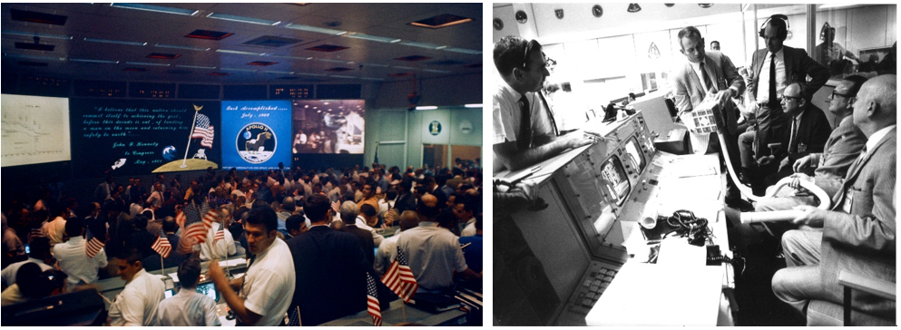 Left: Jubilation in the MOCR following the Apollo 11 splashdown. Right: Engineers and managers confer in the MOCR shortly after an explosion crippled Apollo 13 on its way to the Moon. Credits: NASA