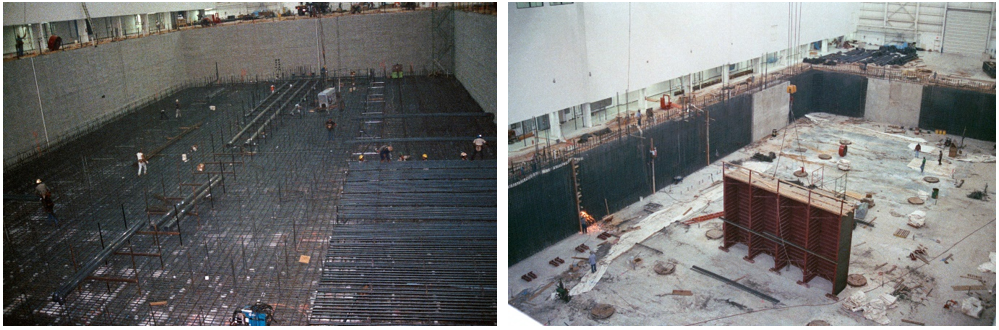 Two views of early construction of the Neutral Buoyancy Laboratory at the Sonny Carter Training Facility in 1995. Credits: NASA