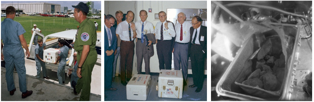 Left: Quarantine Control Officers Howard J. Schneider, left, and Gary W. McCollum deliver the first of the Apollo 11 sample boxes at the LRL. Middle: At the LRL, senior NASA managers (in shirtsleeves) George M. Low, left, Samuel C. Phillips, Thomas O. Paine, and Robert R. Gilruth look over the first sample boxes from the Apollo 11 mission. The box on the left contains the lunar rock and soil samples, and the box on the right contains film magazines. Right: The first box of Moon rock samples, opened in the LRL about 48 hours after splashdown. Credits: NASA