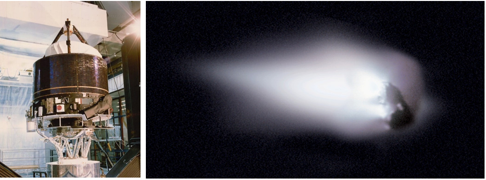 Left: ESA’s (European Space Agency’s) Giotto spacecraft during pre-flight testing. Right: Giotto image of Comet Halley’s nucleus as it recedes from the sun. Credits: ESA