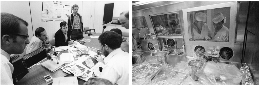 Left: Apollo 16 astronauts Charles M. Duke, left, John W. Young, Stuart A. Roosa, Edgar D. Mitchell (partially obscured), and Thomas K. Mattingly receive a briefing from NASA geologists. Right: In the Lunar Receiving Laboratory at the Manned Spacecraft Center in Houston, now NASA’s Johnson Space Center, Duke, left, and Young examine Moon rocks returned by Apollo 15. Credits: NASA