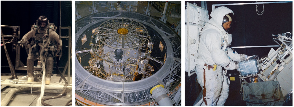 Left: Gemini 9 astronaut Eugene A. Cernan tests the Astronaut Maneuvering Unit in Chamber B in February 1966. Middle: Lunar Module Test Article-8 (LTA-8) in Chamber B in May 1968. Right: Apollo 11 astronaut Neil A. Armstrong deploys lunar surface experiments under space vacuum conditions in Chamber B in April 1969. Credits: NASA