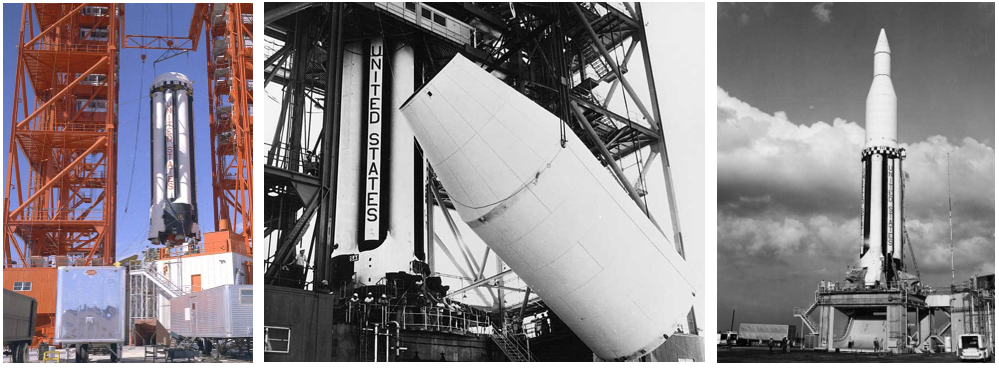 Left: Ground crews position the first Saturn C-I booster onto the pedestal at Launch Complex 34 at the Cape Canaveral Air Force Station in Florida. Middle: Ground crews lift the dummy second stage onto the first Saturn C-I booster at Launch Complex 34. Right: The fully assembled first Saturn C-I rocket on the pedestal at Launch Complex 34. Credits: NASA