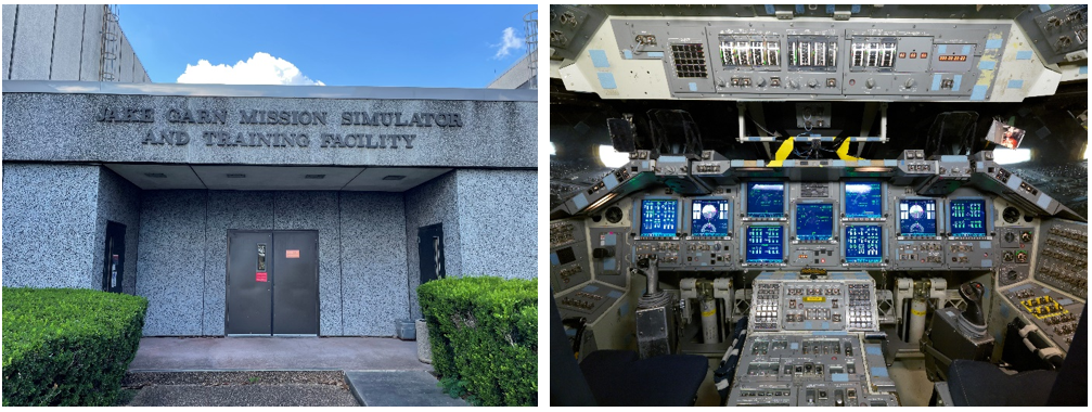 Left: The Mission Simulation and Training Facility was named after senator and STS-51D crew member Jake Garn in December 1992. Right: The cockpit of the Mobile Base Simulator prior to its retirement in 2011 following the final space shuttle mission. Credits: NASA