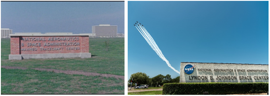 Left: The sign at the main entrance to the Manned Spacecraft Center, now NASA’s Johnson Space Center in Houston. Right: The U.S. Navy Blue Angels fly over the sign at JSC’s main entrance in 2020. Credits: NASA