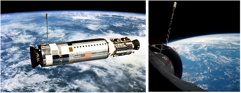 Left: The Agena XII target vehicle from a distance of 50 feet during the rendezvous maneuver. Right: Gemini XII docked with the Agena target vehicle. Credits: NASA