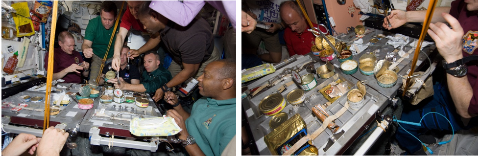 Thanksgiving 2009. Left: Crew members from Expedition 21 and STS-129 share an early Thanksgiving meal. Right: The Thanksgiving dinner for the Expedition 21 and STS-129 crews. Credit: NASA