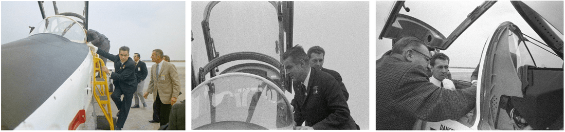 Left: Nikolayev mounts the ladder to examine a T-38 Talon training aircraft at Ellington AFB. Middle: Nikolayev examines the cockpit of the T-38. Right: Sevastyanov receives a briefing while sitting in the T-38 cockpit. Credits: NASA