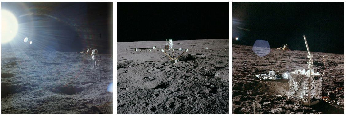 Left: Bean carrying the ALSEP hardware to its deployment location. Middle: Conrad working at the ALSEP Central Station with other experiments deployed. Right: ALSEP Central Station, with other deployed experiments and Intrepid in the background.