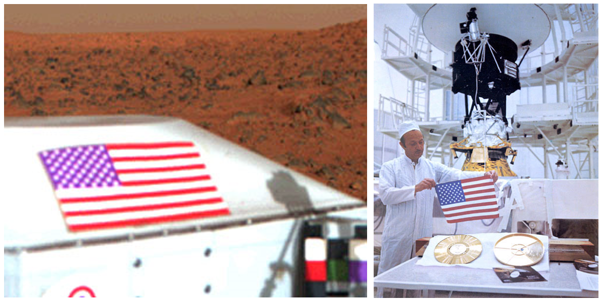 Left: First American flag on Mars in the Viking 1 Lander in 1976. Right: Project Manager John Casani displays one of the U.S. flags that had been placed aboard the two Voyager spacecraft.