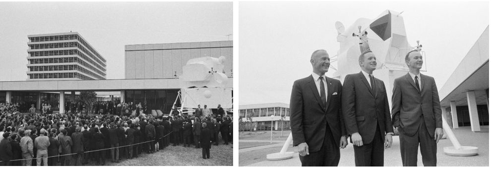 Left: Employees of the Manned Spacecraft Center gather outside the auditorium building to hear President Lyndon B. Johnson speak during his visit in March 1968, with the Lunar Module (LM) mock-up visible at right. Right: Astronauts Edwin E. “Buzz” Aldrin, left, Neil A. Armstrong, and Michael Collins pose in front of the LM mock-up in January 1969 after their announcement as the Apollo 11 crew. Credits: NASA