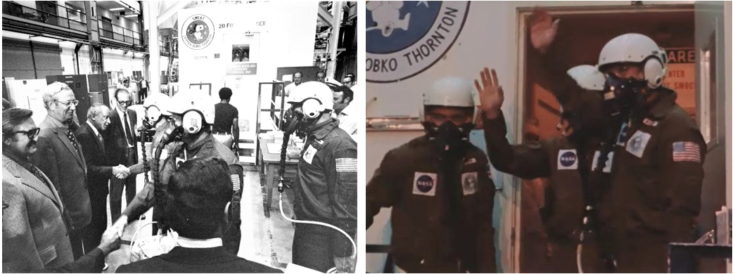 Left: Managers of the Manned Spacecraft Center in Houston, wish astronauts Robert L. Crippen, left, Karol J. “Bo” Bobko, and Dr. William E. Thornton good luck as they prepare to enter the chamber to begin the Skylab Medical Experiments Altitude Test (SMEAT). Right: Crippen, left, Bobko, and Thornton wave to the crowd as they enter the chamber to begin SMEAT. Credits: NASA