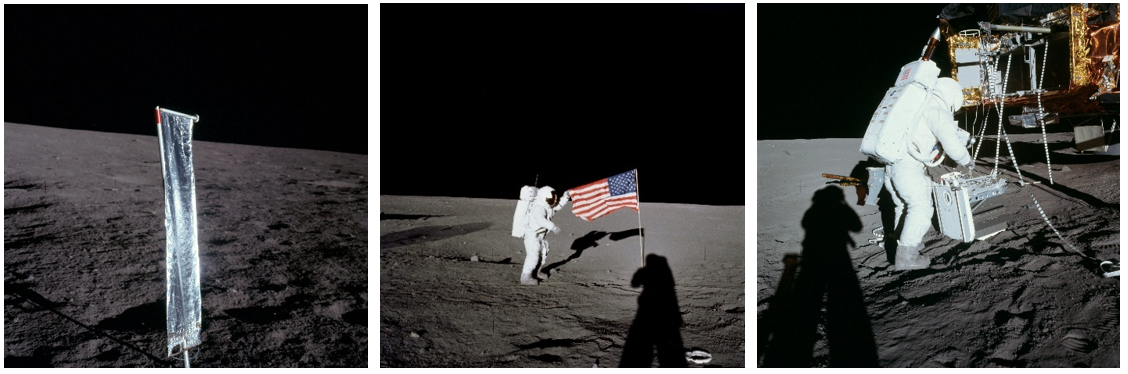   Left: The Solar Wind Collector experiment. Middle: Conrad holds the flag after he and Bean plant it on the surface. Right: Bean removes ALSEP hardware from the Scientific Equipment bay.