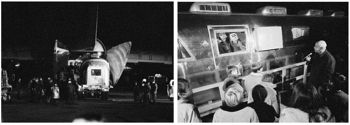Left: Workers offload the MQF with the Apollo 12 crew inside from the C-141 at Ellington Air Force Base. Right: MSC Director Robert Gilruth welcomes the Apollo 12 crew home at Ellington.     