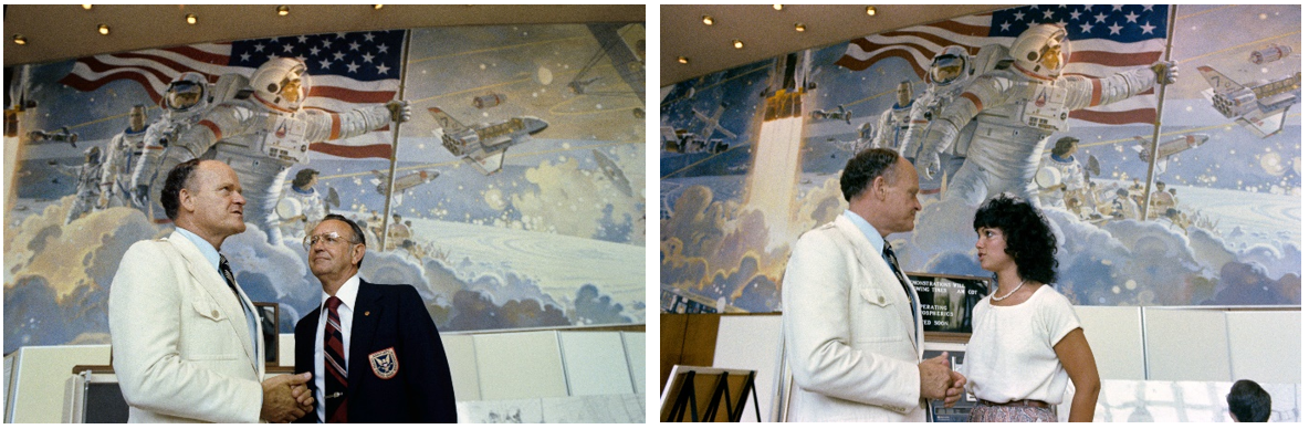 Left: McCall with Johnson Director Christopher Kraft at the dedication of his mural. Right: McCall with astronaut Judith Resnick at the mural dedication ceremony at Johnson. 