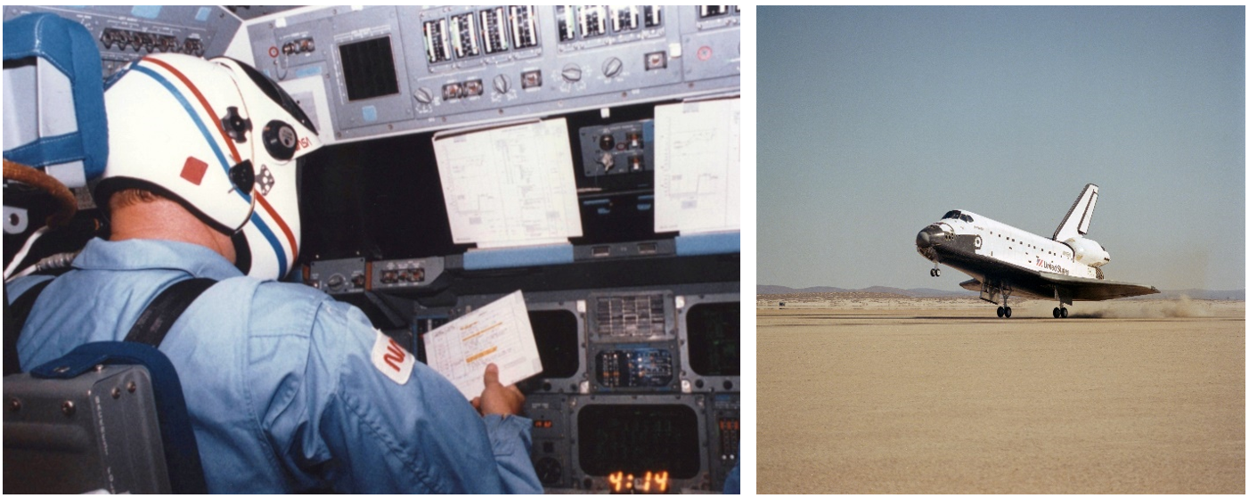 Left: Commander Bobko prepares for Atlantis’ re-entry. Right: Space shuttle Atlantis makes a perfect landing at Edwards Air Force Base to end the STS-51J mission. Credits: NASA
