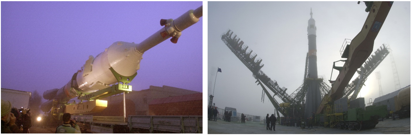 Left: The rocket carrying the Soyuz TM31 spacecraft begins its rollout to Launch Pad 1. Right: Workers erect the rocket and its Soyuz TM31 spacecraft on Launch Pad 1. Credits: NASA/Bill Ingalls