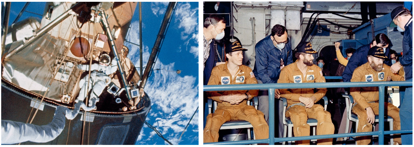 Left: Skylab-4 astronaut Gibson during the mission’s fourth and final spacewalk. Right: Skylab-4 crew of Gibson, Pogue, and Carr aboard the recovery ship shortly after the end of their 84-day mission. Credits: NASA