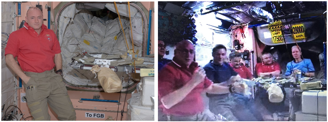 Thanksgiving 2010. Left: Expedition 25 commander Scott J. Kelly awaits his crewmates at the Thanksgiving dinner table. Right: From left, Expedition 25 crew of Oleg I. Skripochka, Kelly, Douglas H. Wheeler, Aleksandr Y. Kaleri, Fyodor N. Yurchikhin, and Shannon Walker send Thanksgiving greetings to the ground before digging into their dinner. Credits: NASA