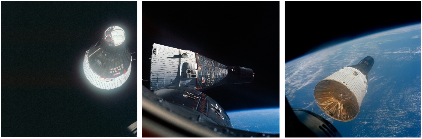 Left: View from inside Gemini VII of the approaching Gemini VI spacecraft. Middle: View from inside Gemini VI of the Gemini VII spacecraft during the rendezvous maneuvers. Right: Another view of Gemini VII from Gemini VI. Credits: NASA